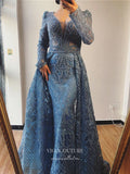 Prom Dress 2025 Beaded Plunging V-Neck Formal Dresses Long Sleeve Evening Dresses 21529-unique elegant Prom Dresses-Blue-US2-vigocouture