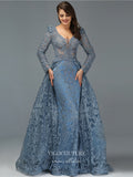 Prom Dress 2025 Beaded Plunging V-Neck Formal Dresses Long Sleeve Evening Dresses 21529-unique elegant Prom Dresses-Blue-US2-vigocouture