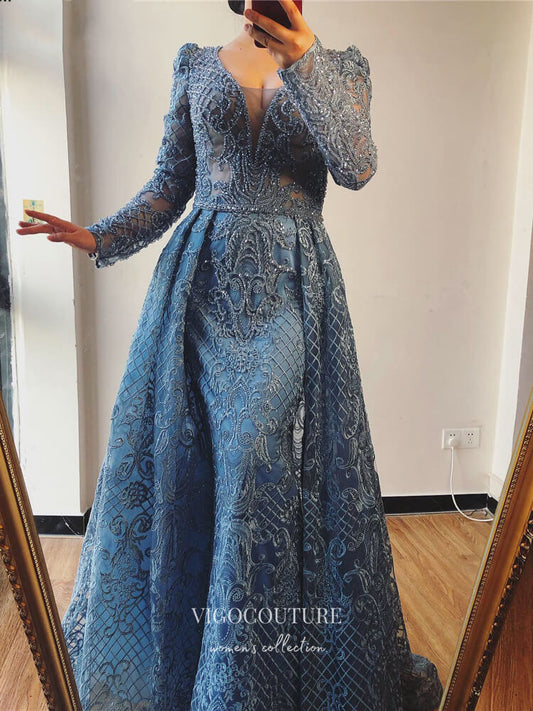 Prom Dress 2025 Beaded Plunging V-Neck Formal Dresses Long Sleeve Evening Dresses 21529-unique elegant Prom Dresses-Blue-US2-vigocouture