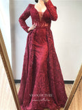 Prom Dress 2025 Beaded Plunging V-Neck Formal Dresses Long Sleeve Evening Dresses 21529-unique elegant Prom Dresses-Burgundy-US2-vigocouture