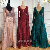 Prom Dress 2025 Beaded Plunging V-Neck Formal Dresses Long Sleeve Evening Dresses 21529-unique elegant Prom Dresses-Green-US2-vigocouture