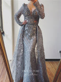 Prom Dress 2025 Beaded Plunging V-Neck Formal Dresses Long Sleeve Evening Dresses 21529-unique elegant Prom Dresses-Grey-US2-vigocouture