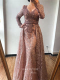 Prom Dress 2025 Beaded Plunging V-Neck Formal Dresses Long Sleeve Evening Dresses 21529-unique elegant Prom Dresses-Pink-US2-vigocouture