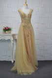 Prom Dress 2025 Beaded Plunging V-Neck Prom Dresses 20751-unique elegant Prom Dresses-Champagne-US2-vigocouture