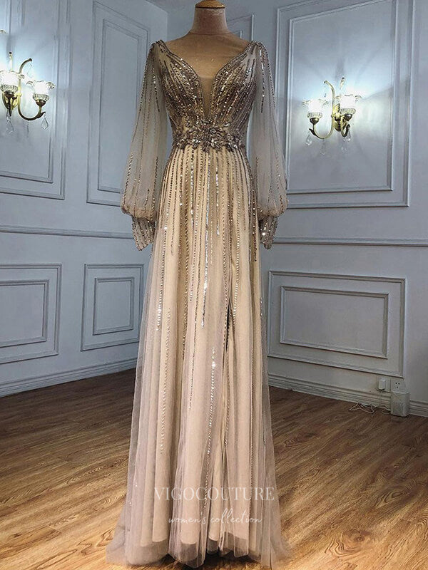 Prom Dress 2025 Beaded Plunging V-Neck Prom Dresses Long Sleeve Formal Dresses 21236-unique elegant Prom Dresses-Champagne-US2-vigocouture