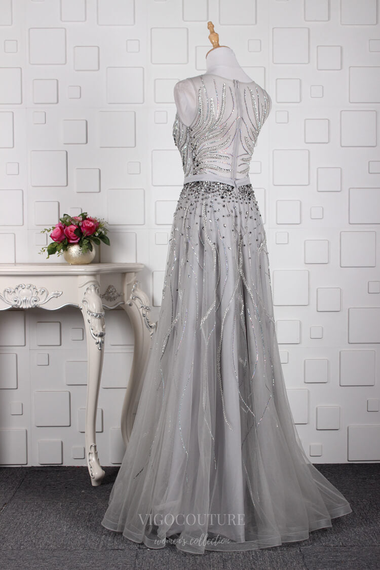 Prom Dress 2025 Beaded Prom Dresses Boat Neck Evening Dresses 20764-unique elegant Prom Dresses-Silver-US2-vigocouture