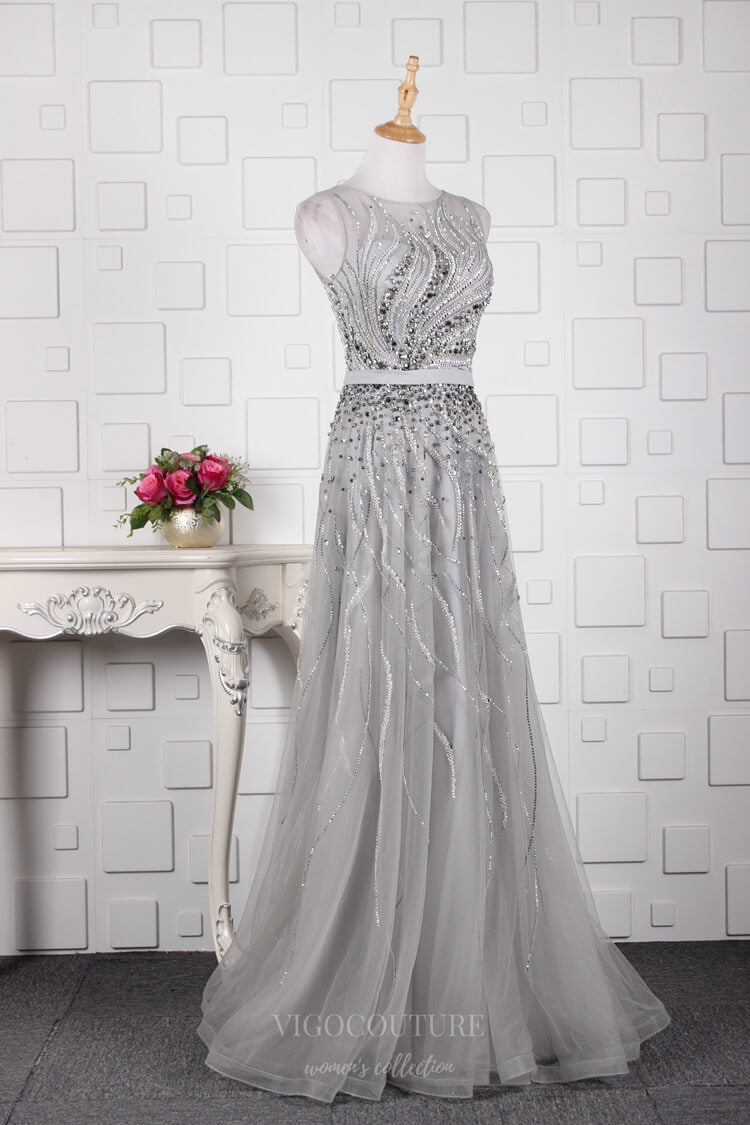 Prom Dress 2025 Beaded Prom Dresses Boat Neck Evening Dresses 20764-unique elegant Prom Dresses-Silver-US2-vigocouture