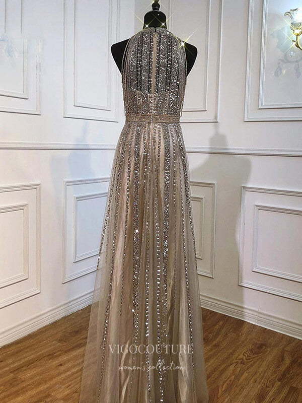 Prom Dress 2025 Beaded Prom Dresses Halter Neck Evening Dresses 21250-unique elegant Prom Dresses-Champagne-US2-vigocouture