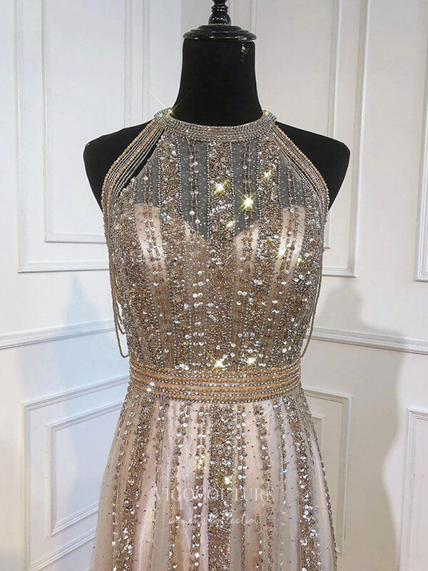 Prom Dress 2025 Beaded Prom Dresses Halter Neck Evening Dresses 21250-unique elegant Prom Dresses-Champagne-US2-vigocouture