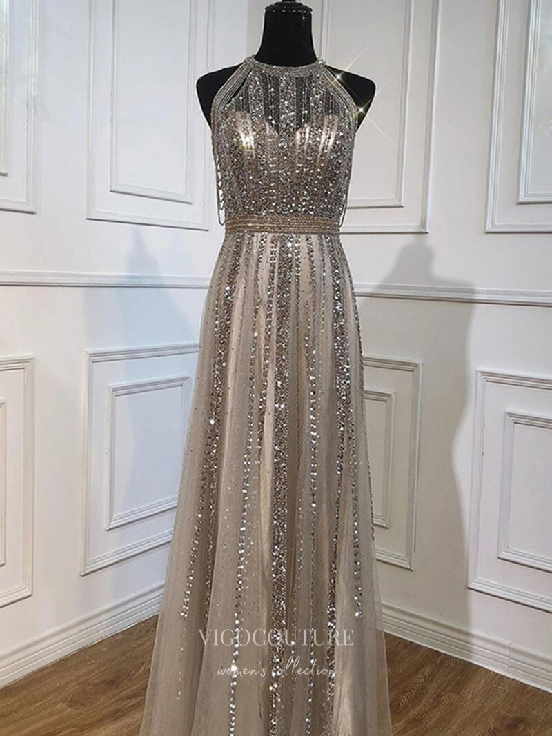 Prom Dress 2025 Beaded Prom Dresses Halter Neck Evening Dresses 21250-unique elegant Prom Dresses-Champagne-US2-vigocouture