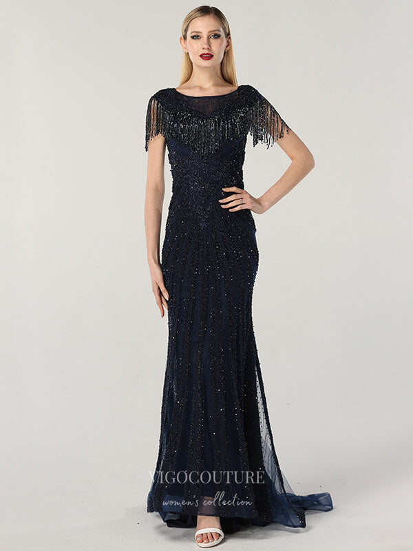 Prom Dress 2025 Beaded Prom Dresses Lace Applique Evening Dresses 21243-unique elegant Prom Dresses-Dark Blue-US2-vigocouture