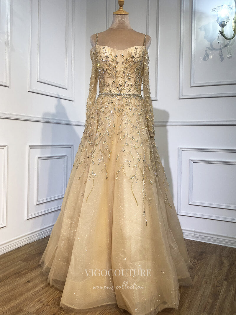 Prom Dress 2025 Beaded Prom Dresses Long Sleeve Evening Dresses 21194-unique elegant Prom Dresses-Champagne-US2-vigocouture