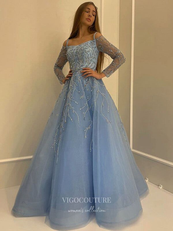 Prom Dress 2025 Beaded Prom Dresses Long Sleeve Evening Dresses 21194-unique elegant Prom Dresses-Light Blue-US2-vigocouture