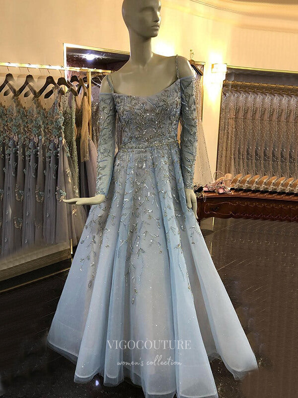 Prom Dress 2025 Beaded Prom Dresses Long Sleeve Evening Dresses 21194-unique elegant Prom Dresses-Light Blue-US2-vigocouture