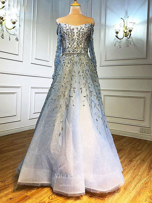 Prom Dress 2025 Beaded Prom Dresses Long Sleeve Evening Dresses 21194-unique elegant Prom Dresses-Light Blue-US2-vigocouture