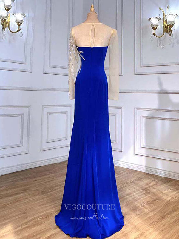 Prom Dress 2025 Beaded Prom Dresses Long Sleeve Evening Dresses 21216-unique elegant Prom Dresses-Blue-US2-vigocouture