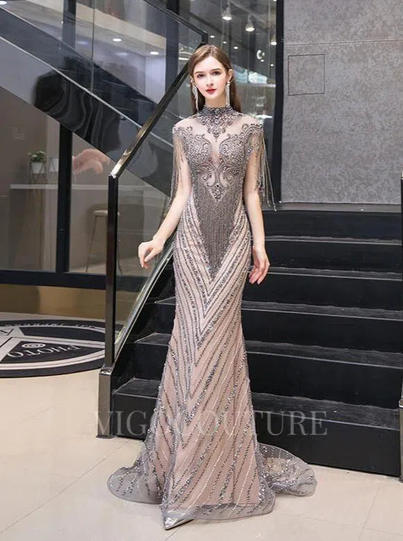 Prom Dress 2025 Beaded Prom Dresses Mermaid High Neck Evening Dresses 20103-unique elegant Prom Dresses-Champagne-US2-vigocouture