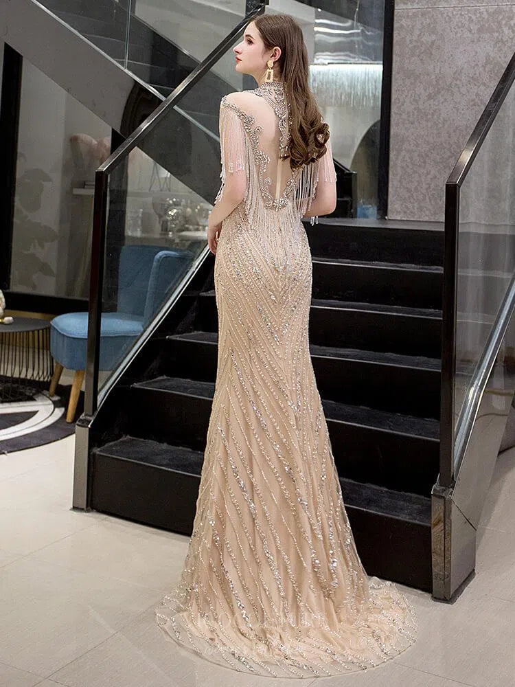 Beaded Prom Dresses Mermaid High Neck Evening Dresses 20103 Champagne / US8 Beaded Prom Dresses Mermaid High Neck Evening Dresses 20103 Champagne / US8