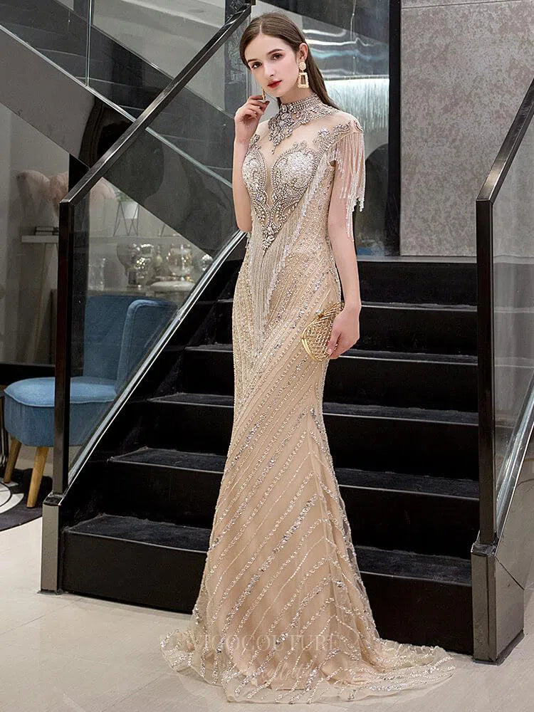 Beaded Prom Dresses Mermaid High Neck Evening Dresses 20103 Champagne / US8 Beaded Prom Dresses Mermaid High Neck Evening Dresses 20103 Champagne / US8