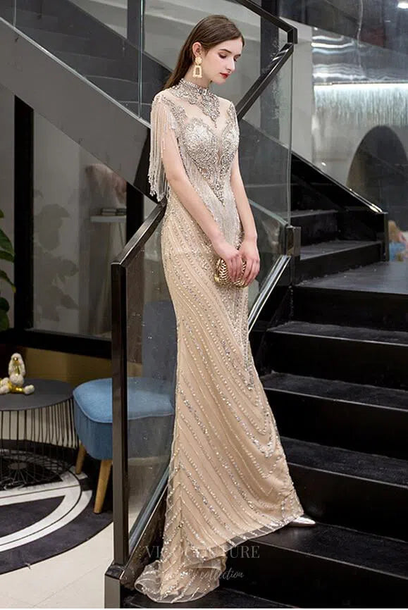 Prom Dress 2025 Beaded Prom Dresses Mermaid High Neck Evening Dresses 20103-unique elegant Prom Dresses-Champagne-US2-vigocouture