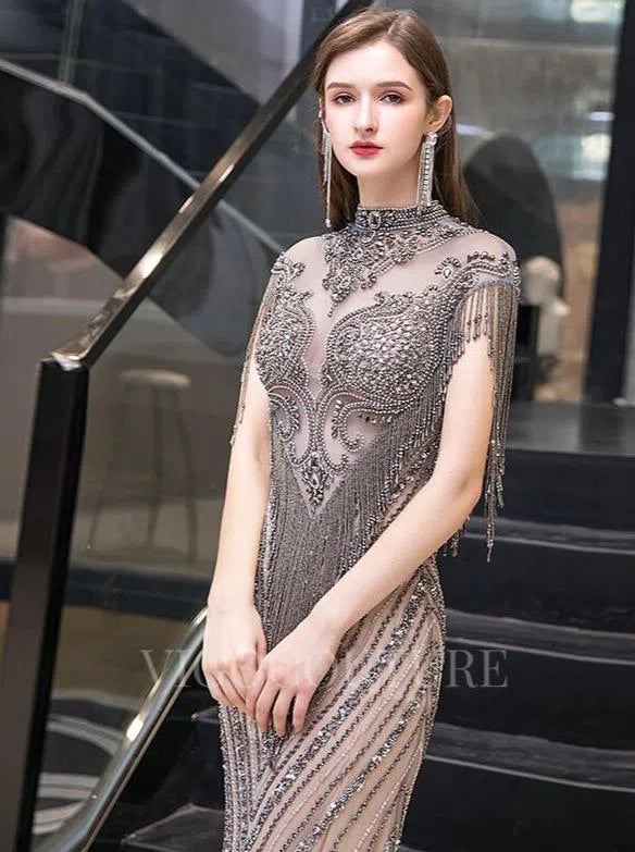 Prom Dress 2025 Beaded Prom Dresses Mermaid High Neck Evening Dresses 20103-unique elegant Prom Dresses-Champagne-US2-vigocouture