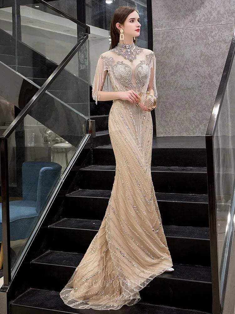 Prom Dress 2025 Beaded Prom Dresses Mermaid High Neck Evening Dresses 20103-unique elegant Prom Dresses-Champagne-US2-vigocouture