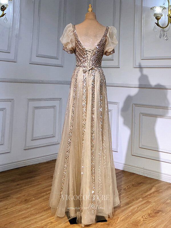 Prom Dress 2025 Beaded Prom Dresses Puffed Sleeve Evening Dresses 21199-unique elegant Prom Dresses-Champagne-US2-vigocouture