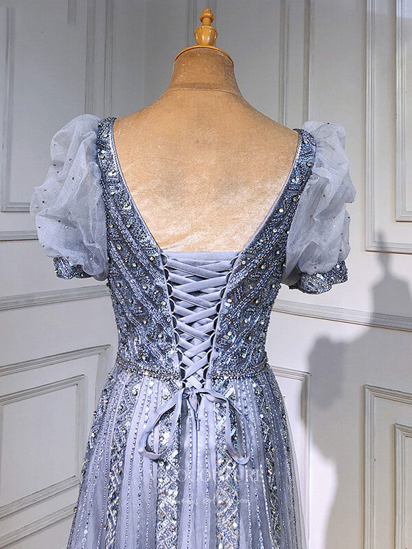 drop sleeve prom dress Long Sleeve Plunge Neckline Open Back Long Prom Dress... smcfashion.com