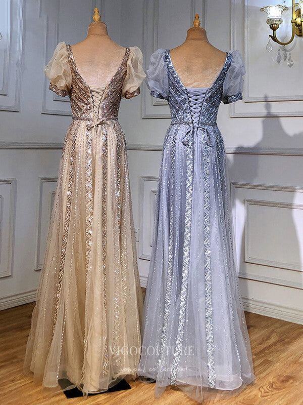 Prom Dress 2025 Beaded Prom Dresses Puffed Sleeve Evening Dresses 21199-unique elegant Prom Dresses-Champagne-US2-vigocouture