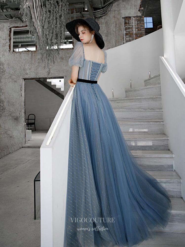 Prom Dress 2025 Beaded Puffed Sleeve Prom Dress 20239-unique elegant Prom Dresses-Blue-US2-vigocouture