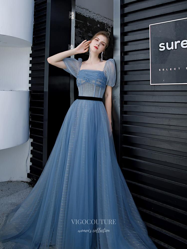 Prom Dress 2025 Beaded Puffed Sleeve Prom Dress 20239-unique elegant Prom Dresses-Blue-US2-vigocouture