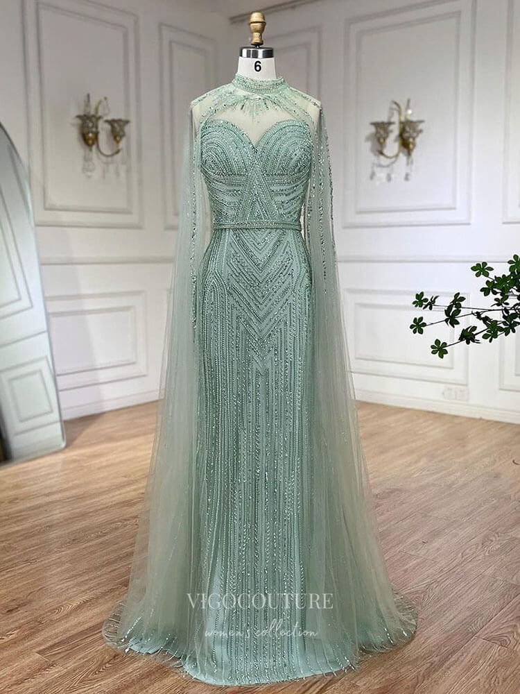 Prom Dress 2025 Beaded Removable Cape Sleeve Prom Dresses Mermaid High Neck Pageant Dress 24527-unique elegant Prom Dresses-Green-US2-vigocouture