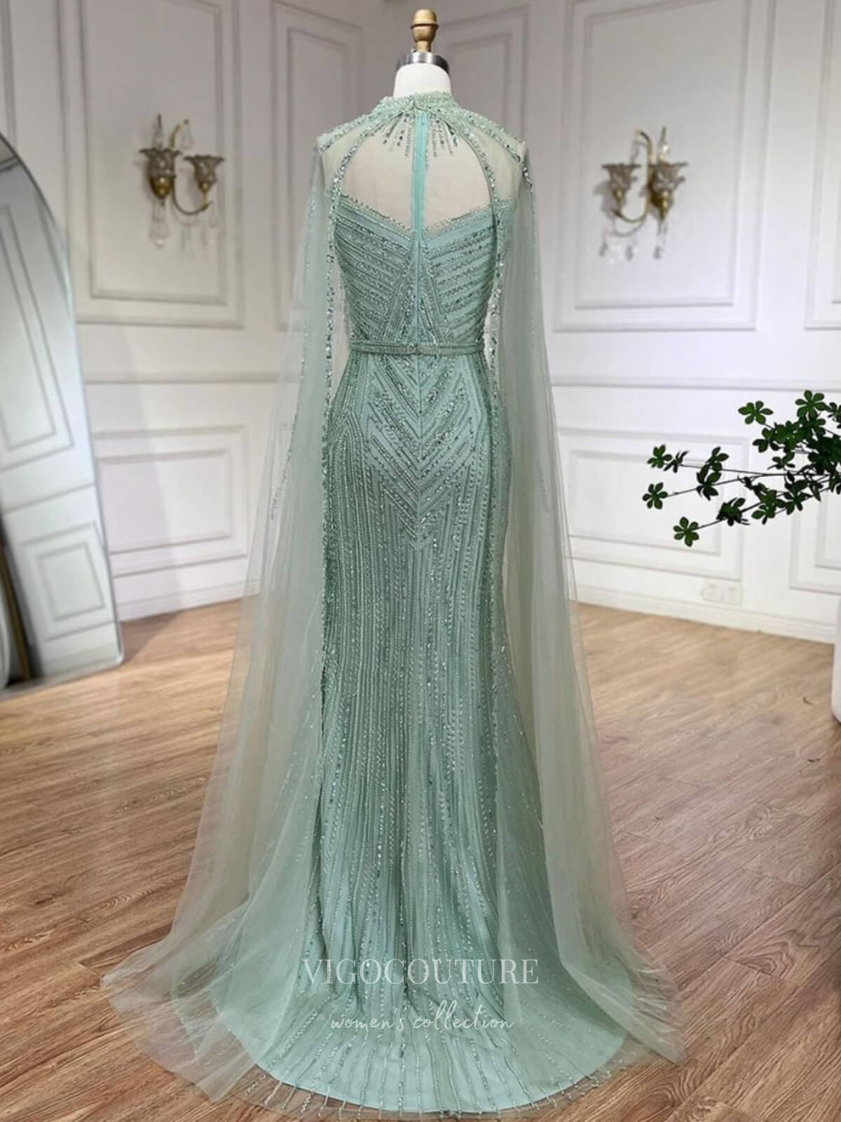 Prom Dress 2025 Beaded Removable Cape Sleeve Prom Dresses Mermaid High Neck Pageant Dress 24527-unique elegant Prom Dresses-Khaki-US2-vigocouture