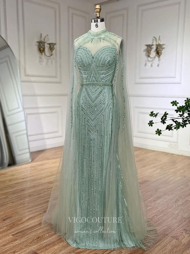 Prom Dress 2025 Beaded Removable Cape Sleeve Prom Dresses Mermaid High Neck Pageant Dress 24527-unique elegant Prom Dresses-Khaki-US2-vigocouture