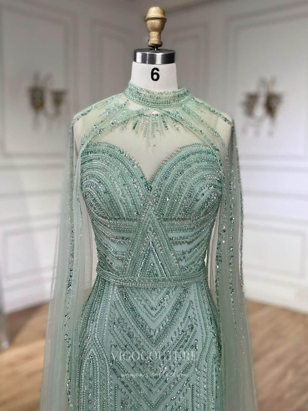 Prom Dress 2025 Beaded Removable Cape Sleeve Prom Dresses Mermaid High Neck Pageant Dress 24527-unique elegant Prom Dresses-Khaki-US2-vigocouture