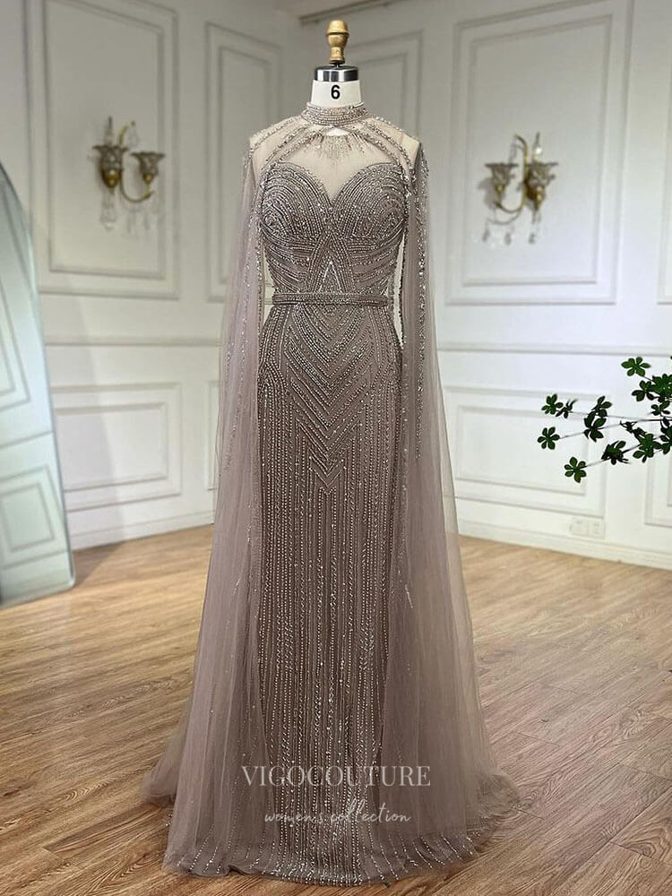 Prom Dress 2025 Beaded Removable Cape Sleeve Prom Dresses Mermaid High Neck Pageant Dress 24527-unique elegant Prom Dresses-Khaki-US2-vigocouture