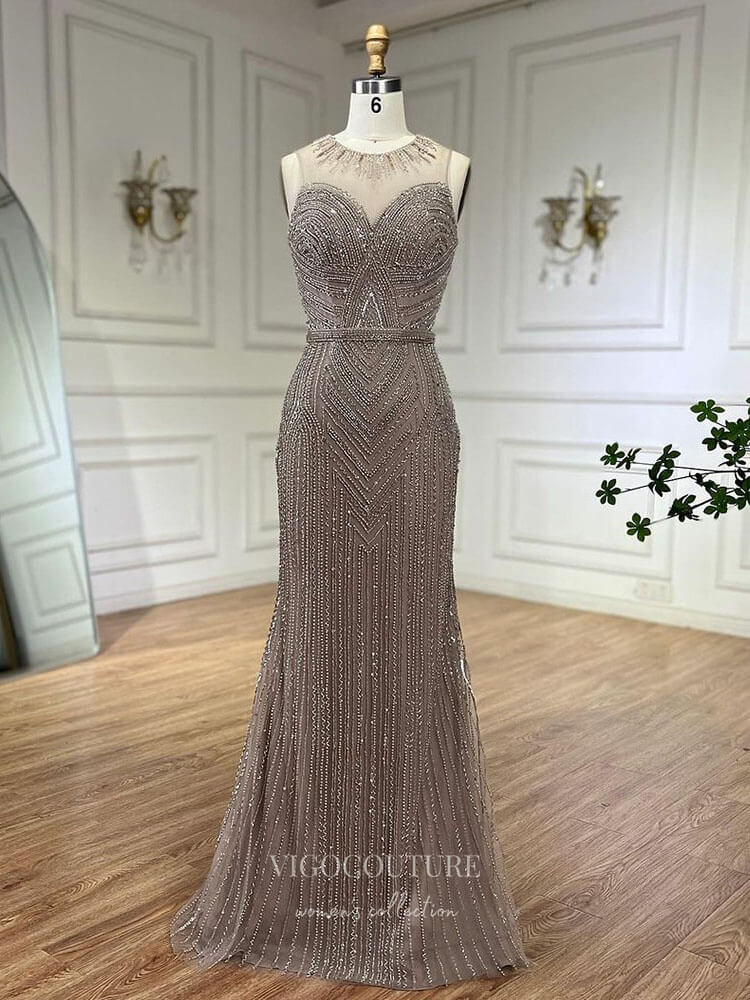 Prom Dress 2025 Beaded Removable Cape Sleeve Prom Dresses Mermaid High Neck Pageant Dress 24527-unique elegant Prom Dresses-Khaki-US2-vigocouture