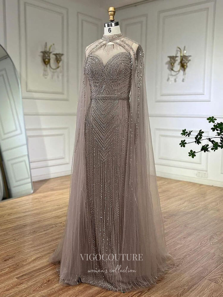 Prom Dress 2025 Beaded Removable Cape Sleeve Prom Dresses Mermaid High Neck Pageant Dress 24527-unique elegant Prom Dresses-Khaki-US2-vigocouture