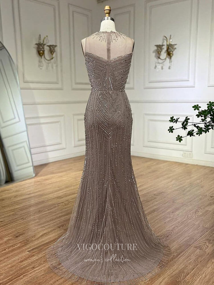 Prom Dress 2025 Beaded Removable Cape Sleeve Prom Dresses Mermaid High Neck Pageant Dress 24527-unique elegant Prom Dresses-Khaki-US2-vigocouture