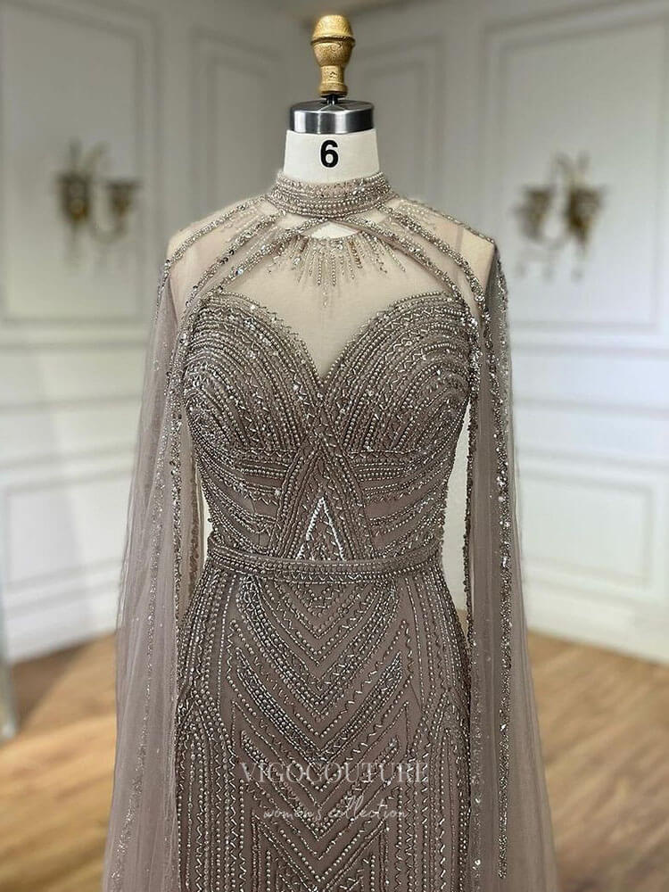 Prom Dress 2025 Beaded Removable Cape Sleeve Prom Dresses Mermaid High Neck Pageant Dress 24527-unique elegant Prom Dresses-Khaki-US2-vigocouture