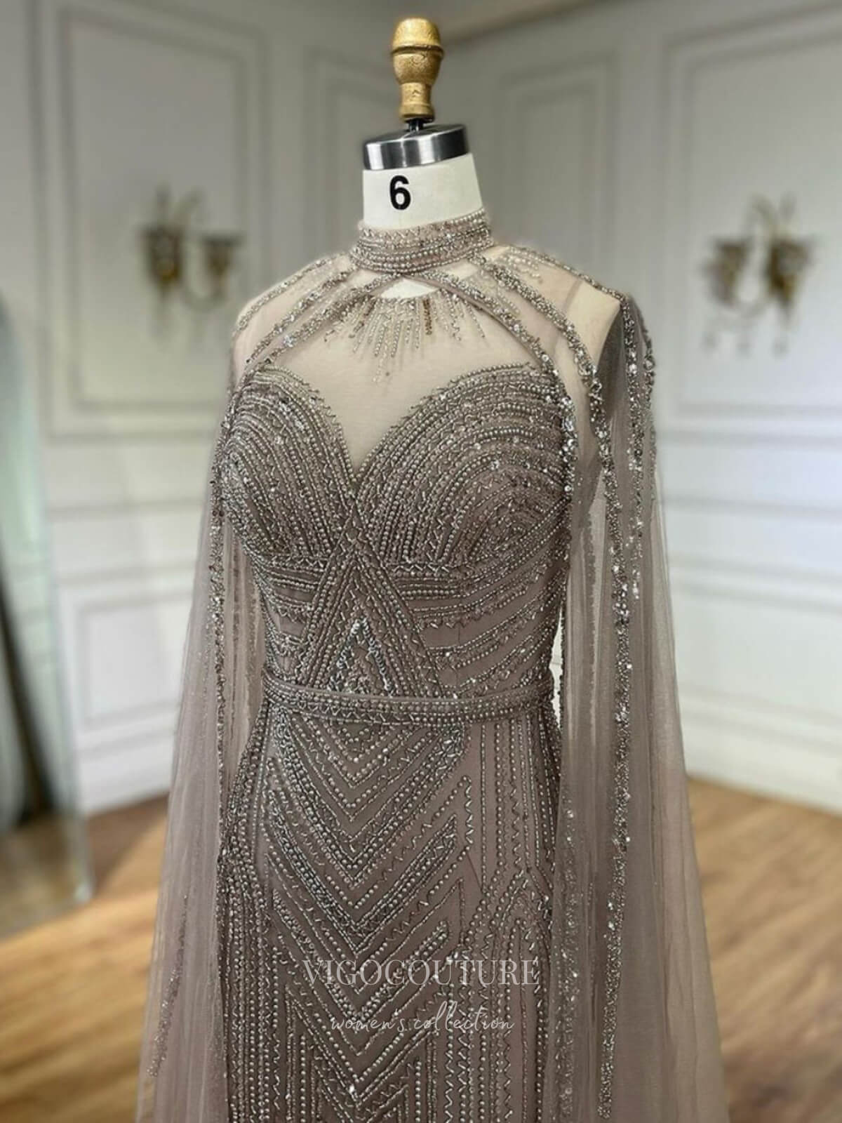 Prom Dress 2025 Beaded Removable Cape Sleeve Prom Dresses Mermaid High Neck Pageant Dress 24527-unique elegant Prom Dresses-Khaki-US2-vigocouture