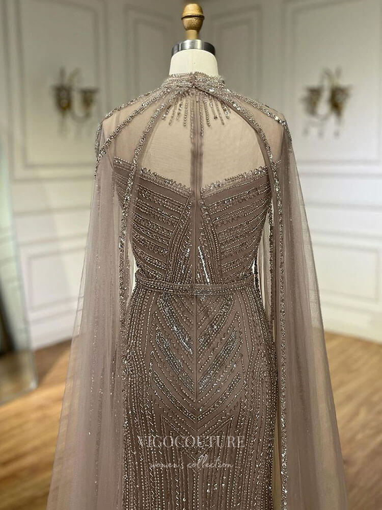 Prom Dress 2025 Beaded Removable Cape Sleeve Prom Dresses Mermaid High Neck Pageant Dress 24527-unique elegant Prom Dresses-Khaki-US2-vigocouture