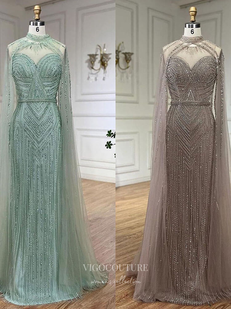 Prom Dress 2025 Beaded Removable Cape Sleeve Prom Dresses Mermaid High Neck Pageant Dress 24527-unique elegant Prom Dresses-Khaki-US2-vigocouture