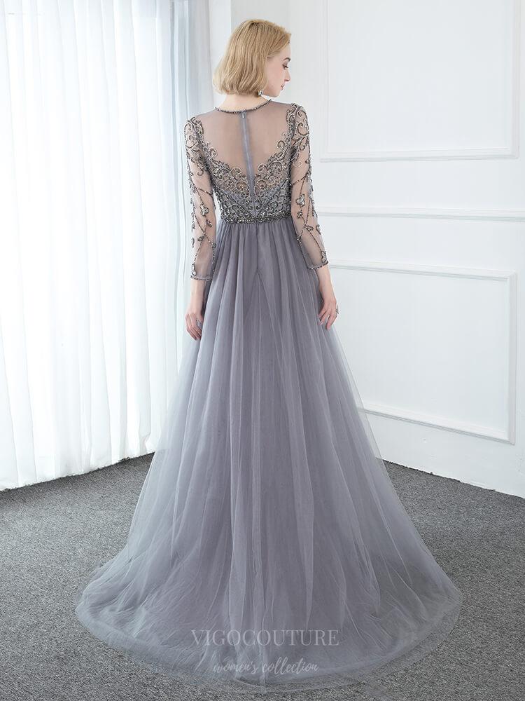 Prom Dress 2025 Beaded Round Neck Long Sleeve Prom Dresses 20750-unique elegant Prom Dresses-Grey-US2-vigocouture