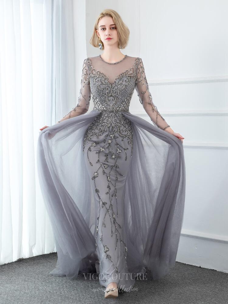 Prom Dress 2025 Beaded Round Neck Long Sleeve Prom Dresses 20750-unique elegant Prom Dresses-Grey-US2-vigocouture