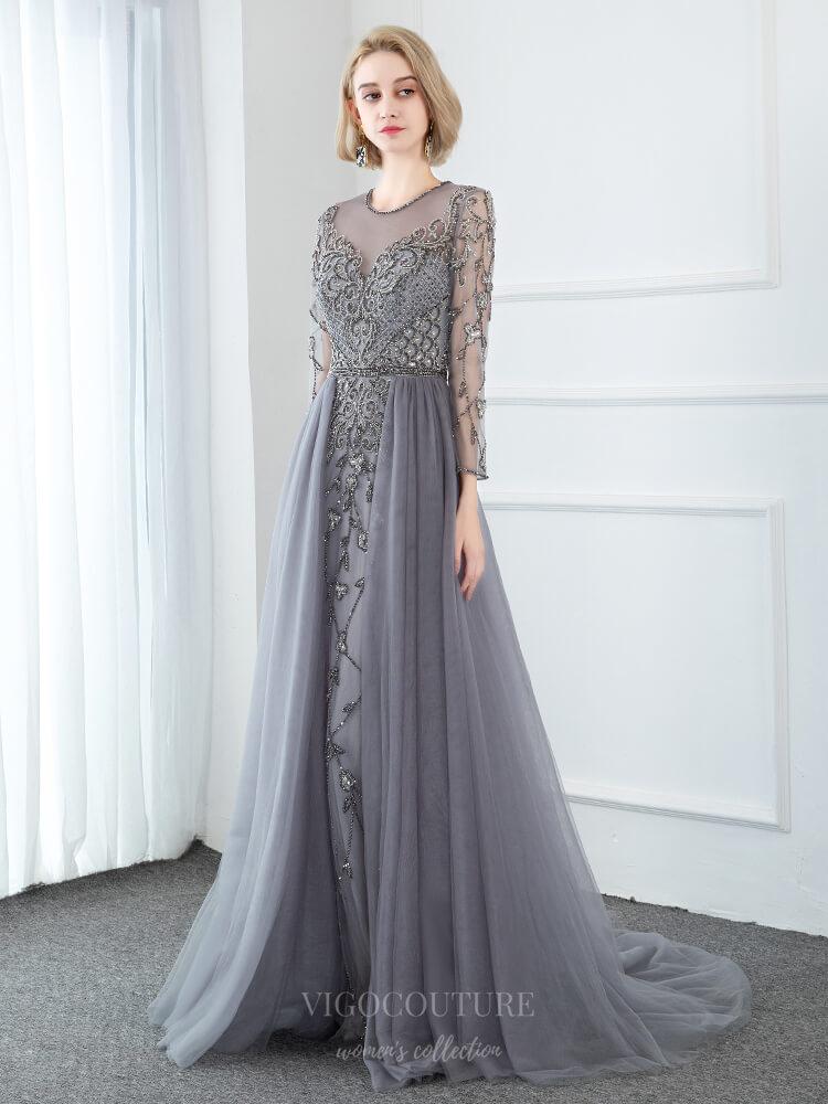 Prom Dress 2025 Beaded Round Neck Long Sleeve Prom Dresses 20750-unique elegant Prom Dresses-Grey-US2-vigocouture