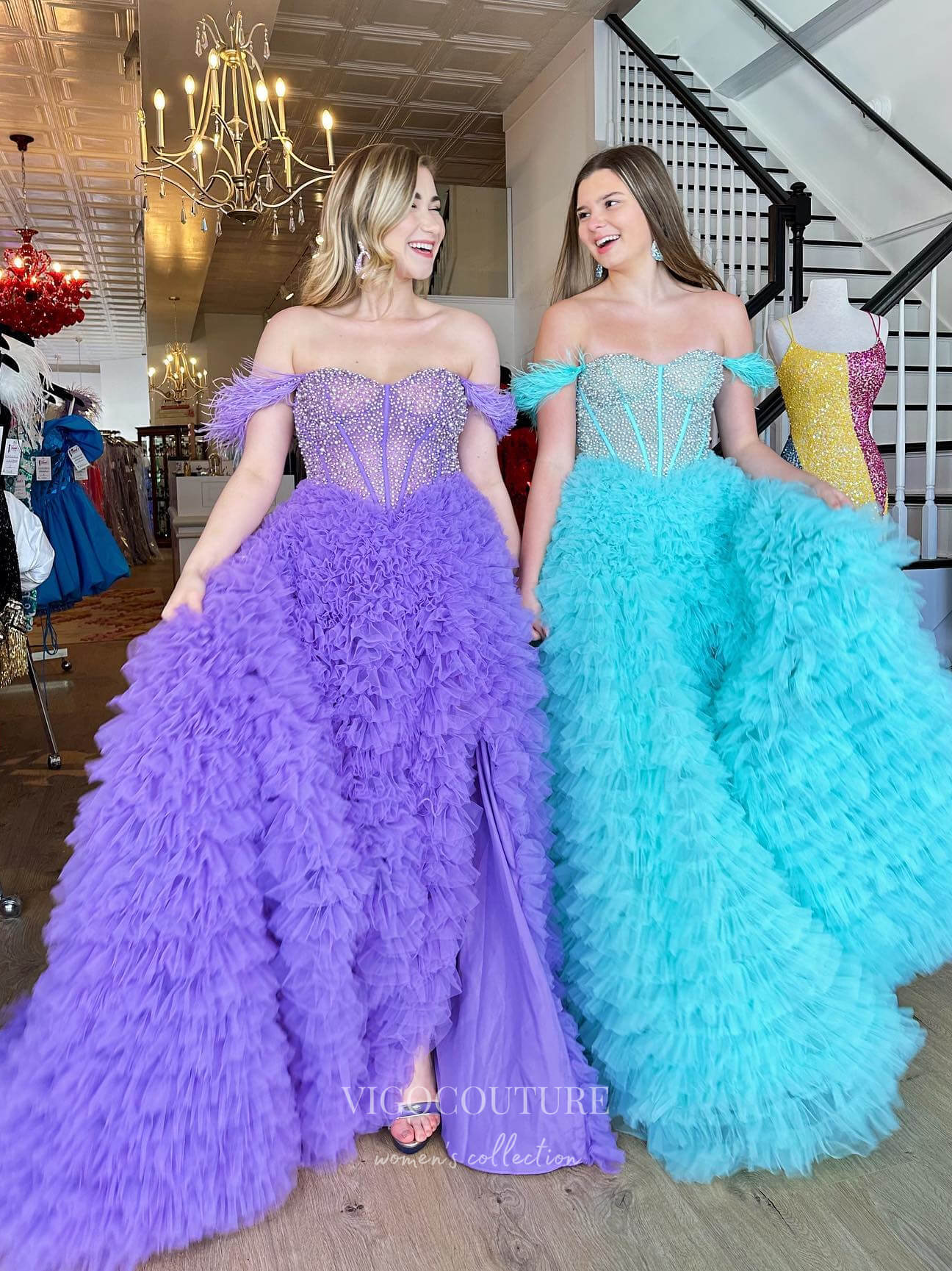 Prom Dress 2025 Beaded Ruffled Tulle Prom Dresses with Slit Off the Shoulder Formal Gown 22178-unique elegant Prom Dresses-Purple-US2-vigocouture