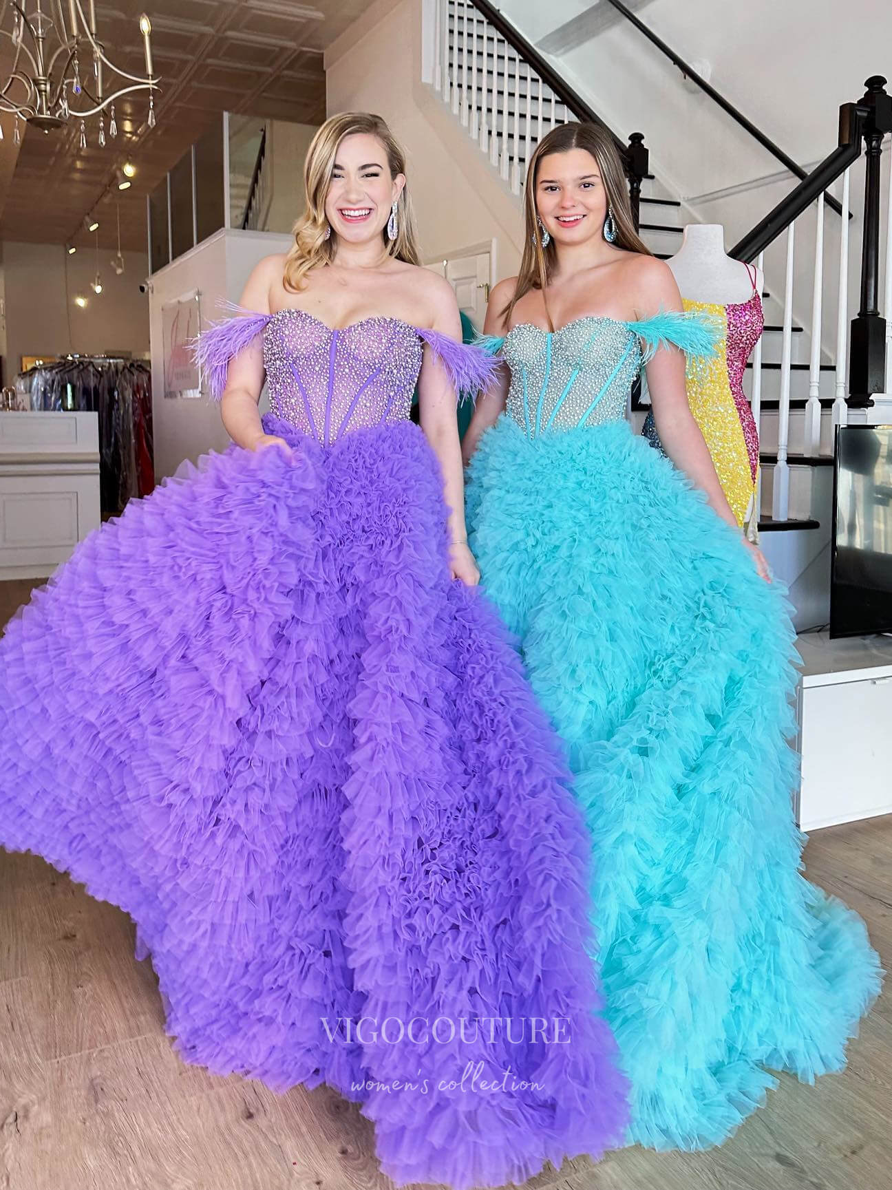 Prom Dress 2025 Beaded Ruffled Tulle Prom Dresses with Slit Off the Shoulder Formal Gown 22178-unique elegant Prom Dresses-Purple-US2-vigocouture