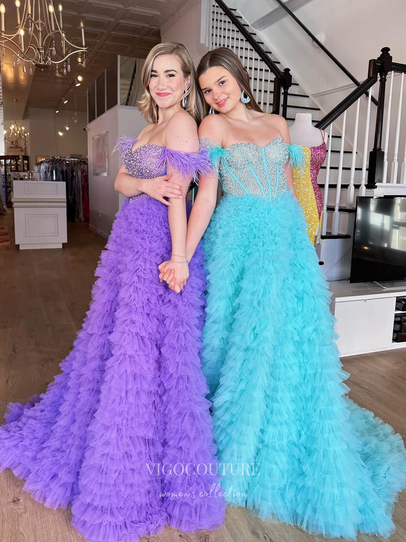 Beaded Ruffled Tulle Prom Dresses with Slit Off the Shoulder Formal Go vigocouture Beaded Ruffled Tulle Prom Dresses with Slit Off the Shoulder Formal Go vigocouture