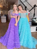 Prom Dress 2025 Beaded Ruffled Tulle Prom Dresses with Slit Off the Shoulder Formal Gown 22178-unique elegant Prom Dresses-Purple-US2-vigocouture